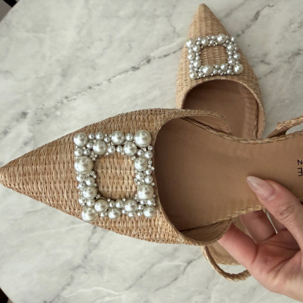 Journee Collection Tan Woven Flats with Pearl Accents